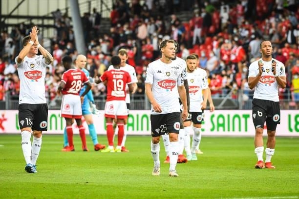 Pierrick CAPELLE of Angers, Vincent MANCEAU of Angers and Enzo EBOSSE of Angers during the Ligue 1 Uber Eats match between Brest and Angers at Stade...