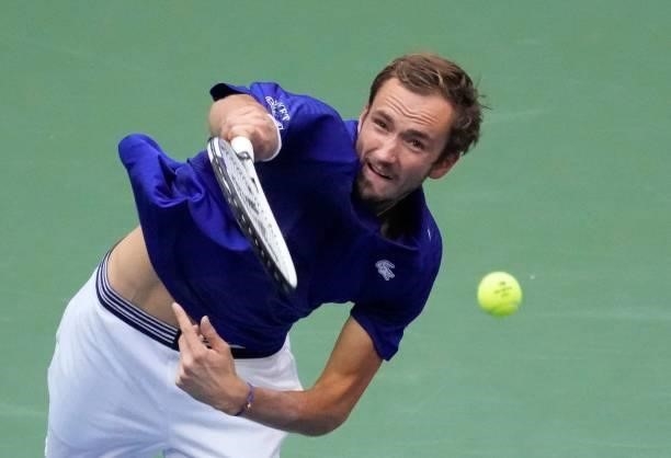 Russia's Daniil Medvedev servesto Serbia's Novak Djokovic during their 2021 US Open Tennis tournament men's final match at the USTA Billie Jean King...