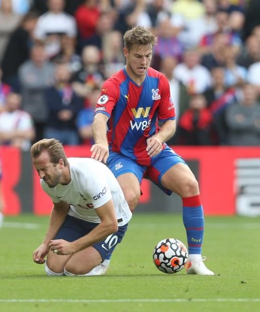 Crystal Palace's Joachim Andersen challenges Tottenham Hotspur's Harry Kane during the Premier League match between Crystal Palace and Tottenham...