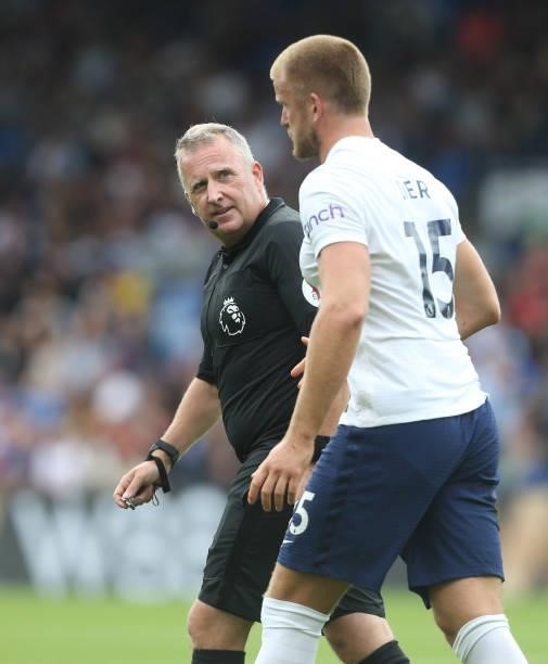 Referee Jonathan Moss checks on Tottenham Hotspur's Eric Dier during the Premier League match between Crystal Palace and Tottenham Hotspur at...