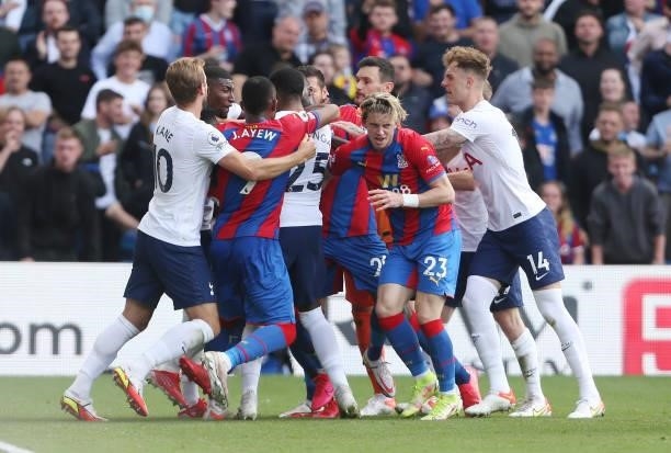 Players from both teams scuffle in the second half during the Premier League match between Crystal Palace and Tottenham Hotspur at Selhurst Park on...