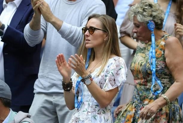 Jelena Djokovic, wife of Novak Djokovic of Serbia, watches as he plays against Daniil Medvedev of Russia during their Men's Singles final match at...