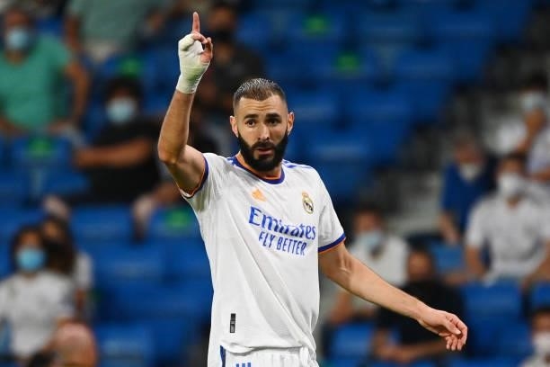 Real Madrid's French forward Karim Benzema gestures during the Spanish League football match between Real Madrid CF and RC Celta de Vigo at the...