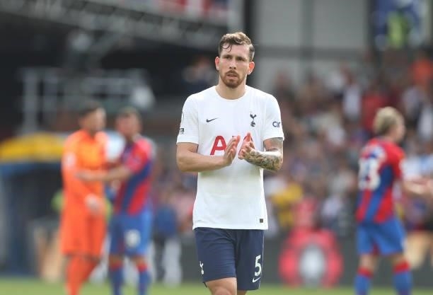 Tottenham Hotspur's Pierre-Emile Hojbjerg applauds the Tottenham fans at the end of the match during the Premier League match between Crystal Palace...