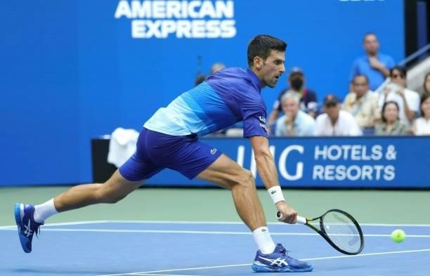 Novak Djokovic of Serbia returns the ball against Daniil Medvedev of Russia in the second set of the Men's Singles final match at the USTA Billie...