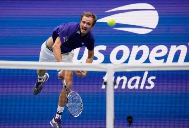 Russia's Daniil Medvedev serves to Serbia's Novak Djokovic during their 2021 US Open Tennis tournament men's final match at the USTA Billie Jean King...