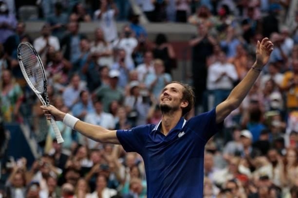 Russia's Daniil Medvedev celebrates his win over Serbia's Novak Djokovic during their 2021 US Open Tennis tournament men's final match at the USTA...