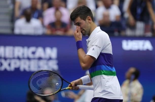Serbia's Novak Djokovic loses to Russia's Daniil Medvedev during their 2021 US Open Tennis tournament men's final match at the USTA Billie Jean King...