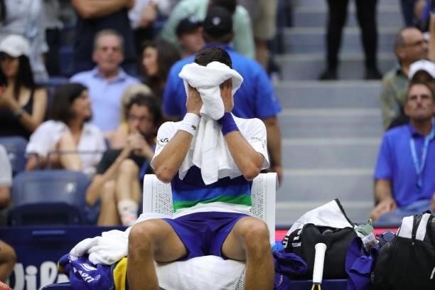 Novak Djokovic of Serbia reacts after Medvedev won their Men's Singles final match 2021 US Open Tennis tournament men's final match at the USTA...