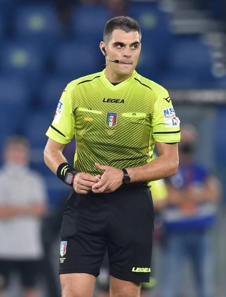 Referee Simone Sozza looks on during the Serie A match between AS Roma and US Sassuolo at Stadio Olimpico on September 12, 2021 in Rome, Italy.