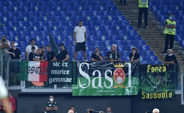Fans of US Sassuolo during the Serie A match between AS Roma and US Sassuolo at Stadio Olimpico on September 12, 2021 in Rome, Italy.