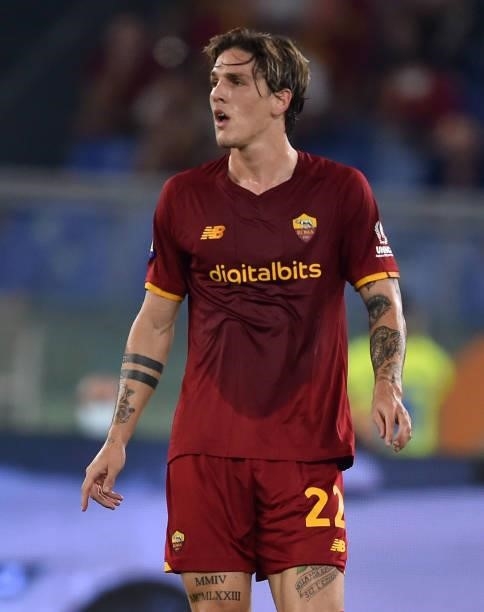 Nicolo' Zaniolo of AS Roma looks on during the Serie A match between AS Roma and US Sassuolo at Stadio Olimpico on September 12, 2021 in Rome, Italy.