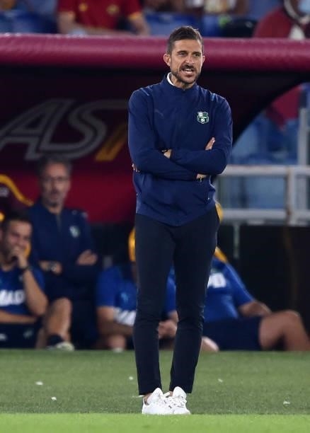 Alessio Dionisi head coach of US Sassuolo reacts during the Serie A match between AS Roma and US Sassuolo at Stadio Olimpico on September 12, 2021 in...