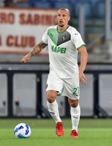 Vlad Chiriches of US Sassuolo in action during the Serie A match between AS Roma and US Sassuolo at Stadio Olimpico on September 12, 2021 in Rome,...