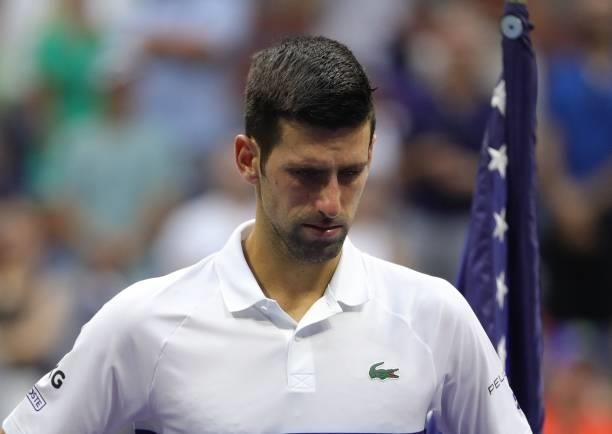 Serbia's Novak Djokovic waits for the trophy ceremony after losing to Russia's Daniil Medvedev during their 2021 US Open Tennis tournament men's...