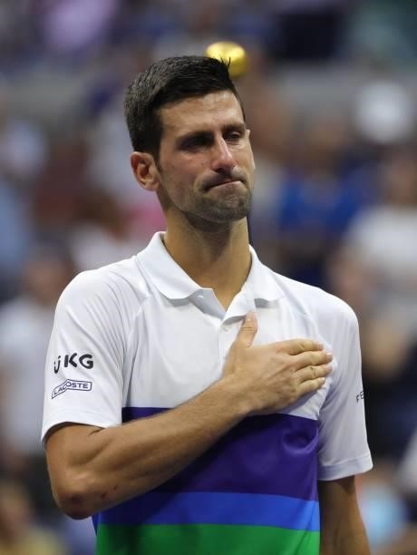 Serbia's Novak Djokovic thanks the crowd after losing to Russia's Daniil Medvedev during their 2021 US Open Tennis tournament men's final match at...