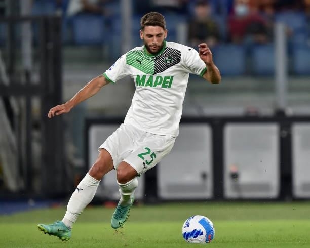 Domenico Berardi of US Sassuolo in action during the Serie A match between AS Roma and US Sassuolo at Stadio Olimpico on September 12, 2021 in Rome,...