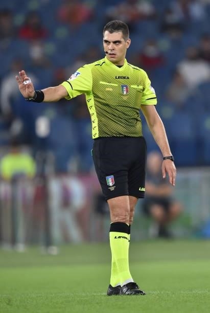 Referee Simone Sozza gestures during the Serie A match between AS Roma and US Sassuolo at Stadio Olimpico on September 12, 2021 in Rome, Italy.