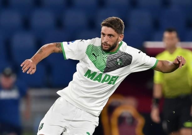 Domenico Berardi of US Sassuolo looks on during the Serie A match between AS Roma and US Sassuolo at Stadio Olimpico on September 12, 2021 in Rome,...