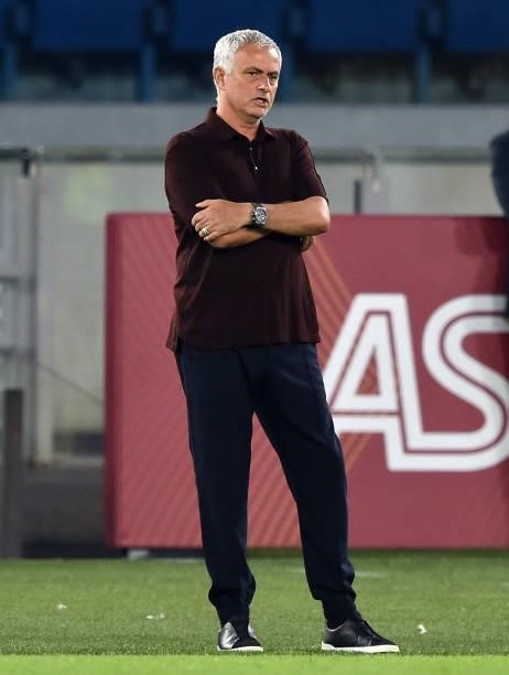 Josè Mourinho head coach of AS Roma looks on during the Serie A match between AS Roma and US Sassuolo at Stadio Olimpico on September 12, 2021 in...