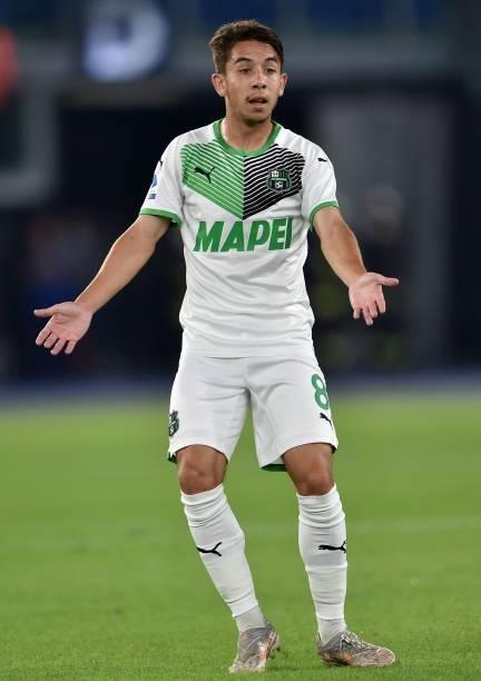Maxime Lopez of US Sassuolo gestures during the Serie A match between AS Roma and US Sassuolo at Stadio Olimpico on September 12, 2021 in Rome, Italy.