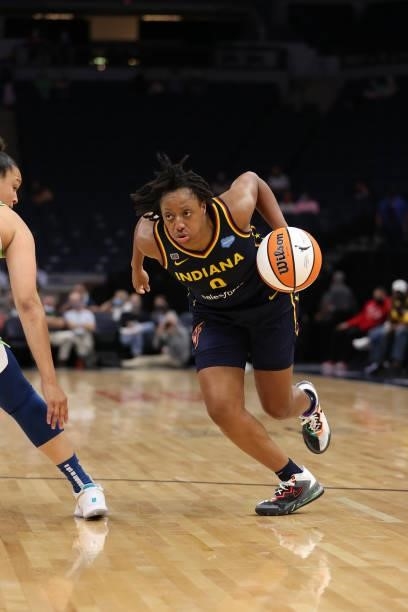 Kelsey Mitchell of the Indiana Fever drives to the basket during the game against the Minnesota Lynx on September 12, 2021 at Target Center in...