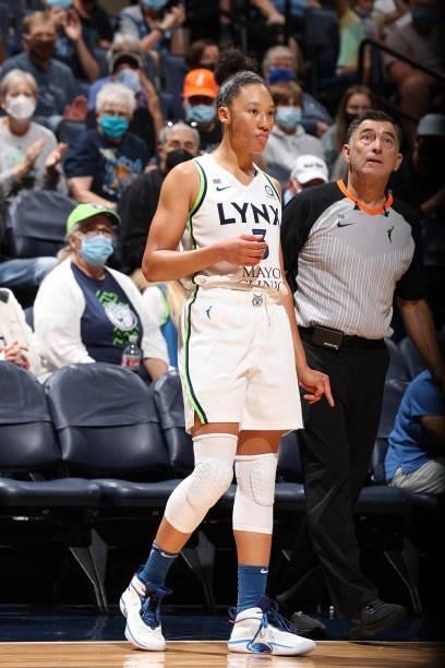 Aerial Powers of the Minnesota Lynx looks on during the game against the Indiana Fever on September 12, 2021 at Target Center in Minneapolis,...