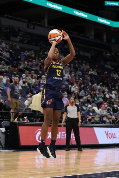 Lindsay Allen of the Indiana Fever shoots the ball during the game against the Minnesota Lynx on September 12, 2021 at Target Center in Minneapolis,...