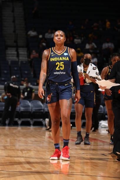 Tiffany Mitchell of the Indiana Fever looks on during the game against the Minnesota Lynx on September 12, 2021 at Target Center in Minneapolis,...