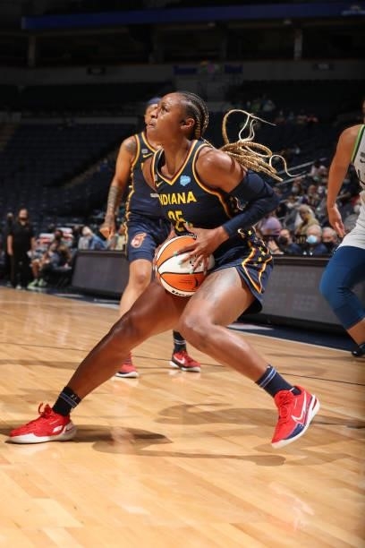 Tiffany Mitchell of the Indiana Fever drives to the basket against the Minnesota Lynx on September 12, 2021 at Target Center in Minneapolis,...