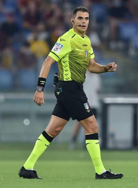 Referee Simone Sozza looks on during the Serie A match between AS Roma and US Sassuolo at Stadio Olimpico on September 12, 2021 in Rome, Italy.