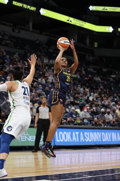 Victoria Vivians of the Indiana Fever shoots the ball during the game against the Minnesota Lynx on September 12, 2021 at Target Center in...
