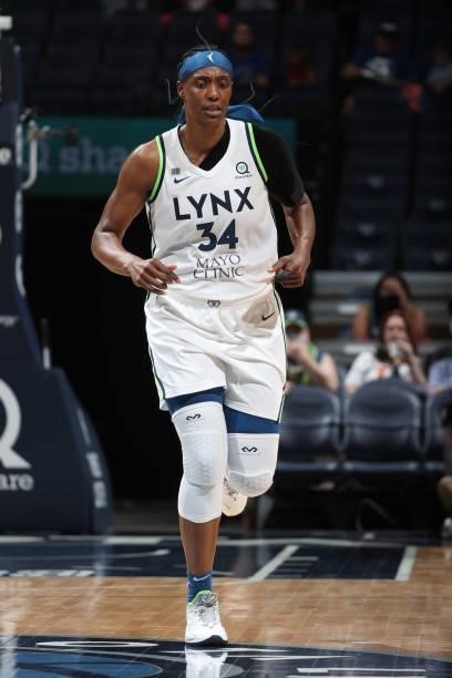 Sylvia Fowles of the Minnesota Lynx runs down the court during the game against the Indiana Fever on September 12, 2021 at Target Center in...