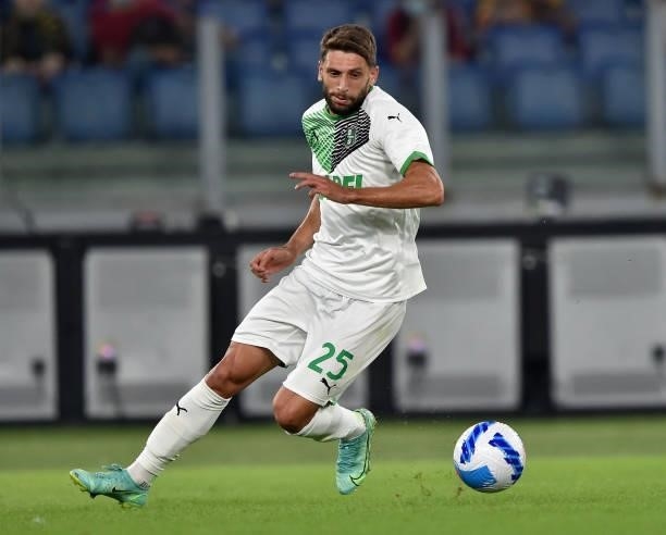 Domenico Berardi of US Sassuolo in action during the Serie A match between AS Roma and US Sassuolo at Stadio Olimpico on September 12, 2021 in Rome,...
