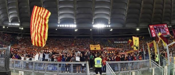 Fans of AS Roma during the Serie A match between AS Roma and US Sassuolo at Stadio Olimpico on September 12, 2021 in Rome, Italy.