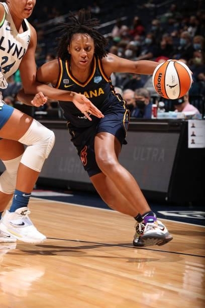 Kelsey Mitchell of the Indiana Fever handles the ball during the game against the Minnesota Lynx on September 12, 2021 at Target Center in...