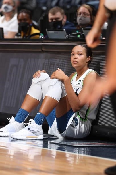 Napheesa Collier of the Minnesota Lynx looks on during the game against the Indiana Fever on September 12, 2021 at Target Center in Minneapolis,...