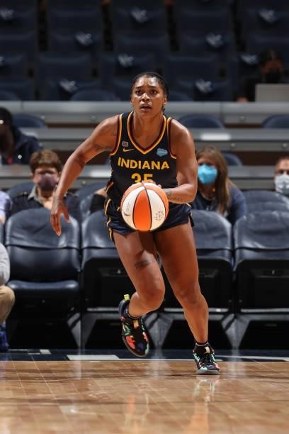 Victoria Vivians of the Indiana Fever handles the ball during the game against the Minnesota Lynx on September 12, 2021 at Target Center in...