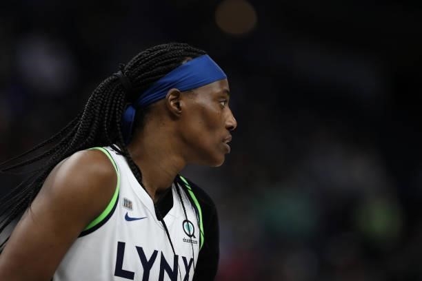 Sylvia Fowles of the Minnesota Lynx looks on during the game against the Indiana Fever on September 12, 2021 at Target Center in Minneapolis,...