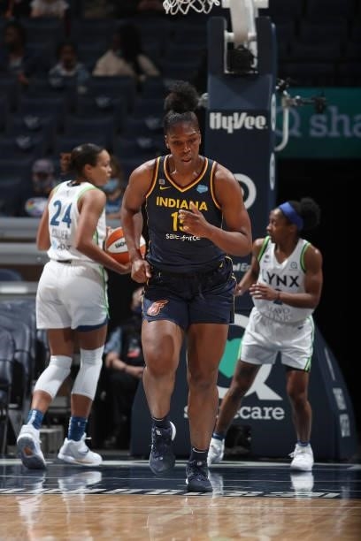Teaira McCowan of the Indiana Fever runs down the court during the game against the Minnesota Lynx on September 12, 2021 at Target Center in...