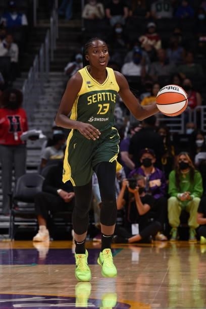 Ezi Magbegor of the Seattle Storm handles the ball against the Los Angeles Sparks on September 12, 2021 at Staples Center in Los Angeles, California....