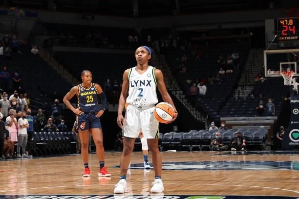 Crystal Dangerfield of the Minnesota Lynx looks to shoot a free throw against the Indiana Fever on September 12, 2021 at Target Center in...