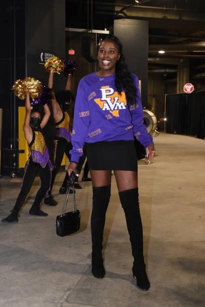 Chiney Ogwumike of the Los Angeles Sparks arrives to the game against the Seattle Storm on September 12, 2021 at Staples Center in Los Angeles,...