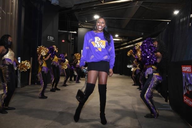 Chiney Ogwumike of the Los Angeles Sparks arrives to the game against the Seattle Storm on September 12, 2021 at Staples Center in Los Angeles,...