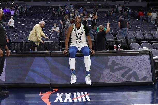 Sylvia Fowles of the Minnesota Lynx talks to the media after the game against the Indiana Fever on September 12, 2021 at Target Center in...