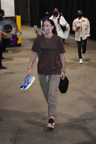 Sue Bird of the Seattle Storm arrives to the game against the Los Angeles Sparks on September 12, 2021 at Staples Center in Los Angeles, California....