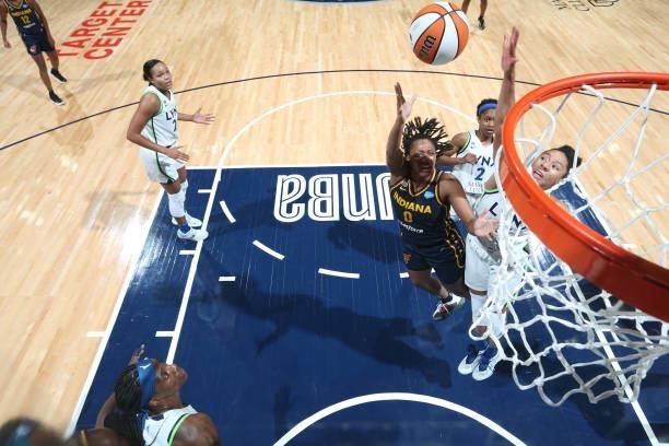Kelsey Mitchell of the Indiana Fever shoots the ball against the Minnesota Lynx on September 12, 2021 at Target Center in Minneapolis, Minnesota....