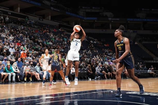 Crystal Dangerfield of the Minnesota Lynx shoots the ball against the Indiana Fever on September 12, 2021 at Target Center in Minneapolis, Minnesota....
