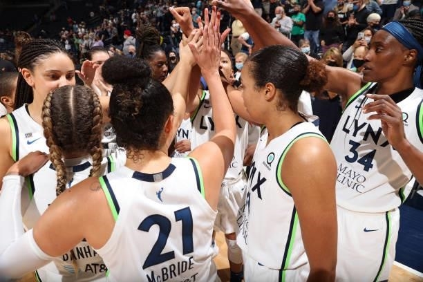The Minnesota Lynx huddle up after the game against the Indiana Fever on September 12, 2021 at Target Center in Minneapolis, Minnesota. NOTE TO USER:...