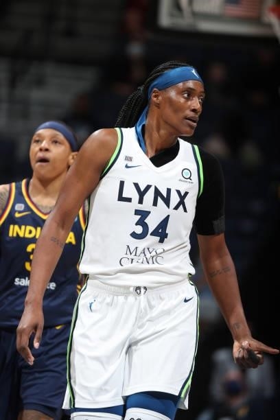 Sylvia Fowles of the Minnesota Lynx looks on during the game against the Indiana Fever on September 12, 2021 at Target Center in Minneapolis,...
